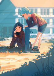 Rule 34 | 2girls, blue hair, crying, from side, inami hatoko, jacket, knees up, lens flare, long hair, multiple girls, original, outdoors, red eyes, shoes, short hair, shorts, sitting, sneakers, tears, track jacket, track suit, white hair, wiping tears