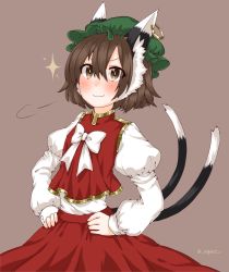Rule 34 | 1girl, animal ears, brown eyes, brown hair, cat ears, cat tail, chen, earrings, egret, hat, highres, jewelry, long sleeves, mob cap, multiple tails, nekomata, puffy long sleeves, puffy sleeves, short hair, simple background, single earring, solo, tail, touhou, two tails
