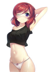 Rule 34 | 10s, 1girl, arm up, armpits, arms behind head, black shirt, blush, bow, bow panties, breasts, cowboy shot, crop top, crop top overhang, frown, groin, highres, looking at viewer, love live!, love live! school idol project, medium breasts, midriff, motokonut, navel, nishikino maki, no pants, off shoulder, one eye closed, panties, purple eyes, red hair, see-through, see-through silhouette, shiny skin, shirt, short hair, short sleeves, simple background, solo, string panties, tank top, twintails, underwear, white background, white panties