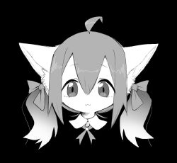 Rule 34 | 1girl, 3yo4yo5yo, :3, ahoge, animal ear fluff, animal ears, black background, bow, cat ears, cat girl, cropped head, furry, furry female, greyscale, hair bow, looking at viewer, monochrome, no nose, original, portrait, simple background, solo, tareme, twintails