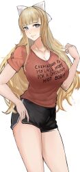 Rule 34 | 1girl, absurdres, black shorts, blonde hair, blue eyes, breasts, charlotte (fire emblem), cleavage, clothes writing, dolphin shorts, fire emblem, fire emblem fates, hair ribbon, hand up, highres, large breasts, large ribbon, looking at viewer, nero watch, nintendo, red shirt, ribbon, shirt, shorts, solo, white ribbon