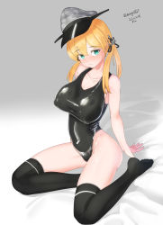 Rule 34 | 1girl, absurdres, anchor hair ornament, aqua eyes, black one-piece swimsuit, black thighhighs, blonde hair, breasts, competition swimsuit, dated, full body, gradient background, grey background, grey hat, hair ornament, hat, highres, kantai collection, large breasts, long hair, looking at viewer, maru (marg0613), one-piece swimsuit, peaked cap, prinz eugen (kancolle), sitting, solo, swimsuit, thighhighs, twintails, twitter username, yokozuwari