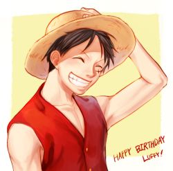 Rule 34 | 1boy, birthday, closed eyes, hand on headwear, hat, male focus, monkey d. luffy, one piece, red vest, smile, solo, straw hat, vest, yamsong