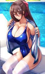 Rule 34 | 1girl, ahoge, blue one-piece swimsuit, blush, breasts, brown hair, cleavage, collarbone, commission, competition swimsuit, covered erect nipples, hair between eyes, hair ornament, hairclip, highres, huge breasts, jacket, kantai collection, long hair, looking at viewer, mamiya (kancolle), one-piece swimsuit, open clothes, open jacket, open mouth, ponytail, poolside, purple eyes, sideboob, sitting, skeb commission, solo, swimsuit, thighhighs, tiri man, white thighhighs