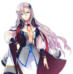 Rule 34 | 1girl, asymmetrical bangs, blue eyes, breasts, center opening, cleavage, closed mouth, coat, coat on shoulders, cowboy shot, freyja (master of eternity), game cg, grey hair, hair between eyes, hair ornament, hand on own hip, large breasts, lips, long hair, long sleeves, looking at viewer, master of eternity, military uniform, non-web source, official art, open clothes, open coat, red ribbon, ribbon, see-through, see-through sleeves, simple background, solo, transparent background, uniform, very long hair, white uniform