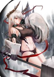 Rule 34 | 1girl, absurdres, arknights, black collar, black gloves, black panties, breasts, collar, commentary request, crop top, gloves, hammer, hand up, highres, holding, holding hammer, holding weapon, horns, infection monitor (arknights), large breasts, long hair, long sleeves, looking at viewer, material growth, midriff, mudrock (arknights), navel, nevin (flyskying), oripathy lesion (arknights), panties, pointy ears, red eyes, sarashi, silver hair, solo, sports bra, stomach, thigh strap, thighs, underwear, weapon