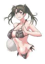 Rule 34 | 1girl, alternate breast size, ball, bikini, black bikini, breast pocket, breasts, brown eyes, commentary request, grey hair, grin, highres, index finger raised, kantai collection, large breasts, long hair, looking at viewer, pocket, side-tie bikini bottom, simple background, smile, solo, sozan, swimsuit, twintails, volleyball, volleyball (object), white background, zuikaku (kancolle)