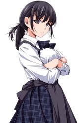 Rule 34 | 1girl, apron, black apron, black bow, black bowtie, black skirt, blush, bow, bowtie, breasts, closed mouth, collared shirt, comic, cowboy shot, crossed arms, eyebrows, from side, frown, highres, large breasts, long skirt, long sleeves, looking at viewer, looking to the side, matsunaga kouyou, original, plaid, plaid skirt, shirt, short hair, simple background, skirt, solo, standing, waist apron, white background, white shirt, wing collar