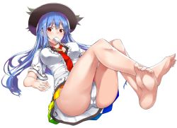 Rule 34 | 1girl, barefoot, blue hair, breasts, artistic error, female focus, food, hat, hinanawi tenshi, ice cream, large breasts, long hair, long legs, md5 mismatch, neropaso, panties, pantyshot, red eyes, resized, resolution mismatch, solo, source larger, touhou, underwear, white panties