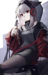 Rule 34 | 1girl, animal ears, arknights, arm support, axe, beanie, black hat, black pants, black pantyhose, commentary, fox ears, fox girl, frostleaf (arknights), goma 74umai, grey hair, grey shirt, hat, headphones, highres, holding, holding weapon, implied extra ears, jacket, looking at viewer, material growth, medium hair, nail polish, open clothes, open jacket, open mouth, oripathy lesion (arknights), pants, pantyhose, red jacket, red nails, shirt, sky, solo, weapon