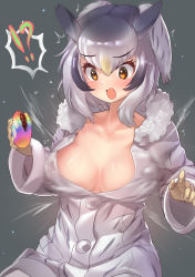 Rule 34 | !?, 1girl, :o, black hair, breast expansion, breasts, coat, collarbone, flying sweatdrops, food, fur collar, gloves, grey background, grey coat, grey hair, hair between eyes, highres, japari bun, kemono friends, large breasts, long sleeves, multicolored hair, no bra, northern white-faced owl (kemono friends), open clothes, open coat, open mouth, orange eyes, simple background, solo, spoken interrobang, tadano magu, white hair, wide sleeves, yellow gloves