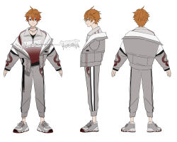 Rule 34 | 1boy, absurdres, ahoge, alternate costume, black undershirt, blue eyes, character sheet, closed mouth, earrings, full body, genshin impact, gradient clothes, grey jacket, grey pants, grey shirt, hair between eyes, highres, itefu, jacket, jewelry, long sleeves, looking at viewer, male focus, multiple views, necklace, off shoulder, open clothes, open jacket, orange hair, pants, polo shirt, print jacket, print shirt, red shirt, shirt, shoes, short hair, simple background, single earring, smile, sneakers, standing, streetwear, tartaglia (genshin impact), turnaround, white background