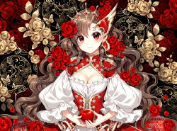 Rule 34 | 1girl, apple, bad source, blush, breasts, brown hair, cleavage, clock, closed mouth, flower, food, fruit, hair flower, hair ornament, highres, holding, holding food, holding fruit, large breasts, long hair, long sleeves, looking at viewer, nardack, original, puffy sleeves, red apple, red eyes, red flower, red rose, rose, smile, solo, upper body, very long hair
