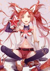 Rule 34 | 1girl, absurdres, alternate costume, alternate hairstyle, arm support, armpits, bare shoulders, belt, black thighhighs, crossed legs, earrings, gloves, hair ornament, highres, jewelry, jinx (league of legends), kentia, kentllaall, league of legends, long hair, looking at viewer, midriff, navel, open mouth, red eyes, red hair, shorts, sitting, smile, star (symbol), star guardian (league of legends), star guardian jinx, thighhighs, twintails