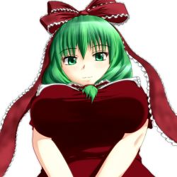 Rule 34 | 1girl, 3d, bow, breasts, dress, female focus, from below, green eyes, green hair, hair bow, highres, kagiyama hina, large breasts, matching hair/eyes, peso (cheese company), solo, touhou, white background