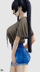 Rule 34 | 1girl, absurdres, alternate costume, alternate hairstyle, black hair, blue shorts, breasts, brown shirt, contrapposto, dated, denim, denim shorts, from side, highres, holocouncil, hololive, hololive english, large breasts, lips, long hair, ouro kronii, ponytail, shirt, shorts, signature, simple background, standing, steb, t-shirt, virtual youtuber, white background