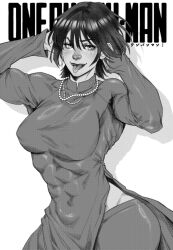 Rule 34 | 1girl, abs, absurdres, arms behind head, az ciam, breasts, dress, english text, fubuki (one-punch man), highres, jewelry, large breasts, looking at viewer, muscular, muscular female, necklace, one-punch man, pearl necklace, shadow, short hair, smile, solo, thighhighs, tight clothes, tight dress, toned, tongue, tongue out, white background