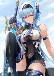 Rule 34 | 1girl, absurdres, armband, bare shoulders, black gloves, black hairband, black thighhighs, blue hair, blue necktie, blue sky, blush, bodysuit, breasts, butterfly hair ornament, cleavage, closed mouth, covered navel, eula (genshin impact), genshin impact, gloves, hair between eyes, hair ornament, hairband, highres, holding, holding sword, holding weapon, knee up, large breasts, long hair, looking at viewer, mon-chan, navel, necktie, purple eyes, see-through, sitting, sky, sleeveless, solo, song of broken pines (genshin impact), sword, thigh strap, thighhighs, thighs, vision (genshin impact), weapon, yellow eyes