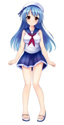 Rule 34 | 1girl, arms at sides, blue hair, blue skirt, blush, breasts, brown eyes, full body, hat, long hair, looking at viewer, medium breasts, official art, patriarch xtasy, pricia patini, sailor hat, sandals, school uniform, serafuku, shirt, skirt, smile, solo, standing, transparent background, very long hair, white hat, white shirt