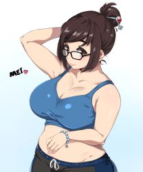Rule 34 | 1girl, beads, belly, bracelet, breasts, brown hair, cleavage, glasses, groin, hair bun, hair ornament, hair stick, highres, jewelry, large breasts, mei (overwatch), moisture (chichi), overwatch, overwatch 1, plump, short hair, simple background, single hair bun, solo, tank top, white background