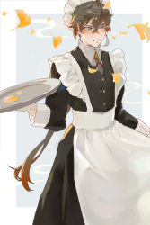 Rule 34 | 1boy, absurdres, alternate costume, apron, black hair, blush, closed mouth, crossdressing, earrings, embarrassed, enmaided, frills, genshin impact, hair between eyes, highres, jewelry, leaf, long hair, long sleeves, maid, maid apron, maid headdress, male focus, multicolored hair, ponytail, simple background, single earring, skirt, solo, tray, waist apron, waitress, wand8243, white background, yellow eyes, zhongli (genshin impact)