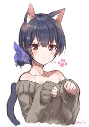 Rule 34 | 1girl, :&lt;, animal ear fluff, animal ears, black hair, blue scrunchie, blush, brown hair, cat ears, cat girl, cat tail, collarbone, commentary, grey sweater, hair between eyes, highres, idolmaster, idolmaster shiny colors, long sleeves, looking at viewer, morino rinze, paopao, paw pose, paw print, scrunchie, short hair, sidelocks, solo, strapless, sweater, tail, twitter username, upper body, white background