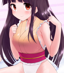 Rule 34 | 1girl, bare shoulders, belt, black hair, blue background, breasts, brown eyes, closed mouth, commission, eyes visible through hair, gradient background, hands up, harry (namayake), highleg, highres, houraisan kaguya, leotard, long hair, looking at viewer, medium breasts, multicolored background, no panties, pink background, pink belt, pixiv commission, seiza, sitting, sleeveless, smile, solo, striped, striped background, thighs, touhou, touhou tag dream, wariza, wrestling outfit