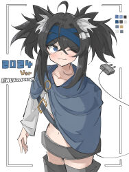 Rule 34 | 1girl, 2024, ahoge, animal ear fluff, animal ears, artist name, black hair, blue capelet, blue eyes, capelet, clip studio paint (medium), closed mouth, color guide, cowboy shot, crop top, cropped shirt, crossed bangs, electric plug, electric plug tail, enunomiya, grey shirt, hair between eyes, hair ornament, highres, long hair, long sleeves, looking at viewer, making-of available, missing limb, navel, one eye closed, original, shirt, signature, simple background, sketch, smile, solo, standing, strap, white background