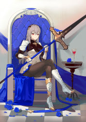 Rule 34 | 1girl, absurdres, azur lane, black pantyhose, blue flower, boots, breasts, chair, checkered floor, chinese commentary, corset, cross-laced footwear, crossed legs, flower, full body, gauntlets, gloves, grey hair, highres, holding, holding polearm, holding weapon, long hair, looking at viewer, medium breasts, miniskirt, pantyhose, pleated skirt, polearm, red eyes, rong kui baku, saint-louis (azur lane), sitting, skirt, throne, weapon, white corset, white footwear, white gloves, white skirt