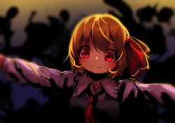 Rule 34 | 1girl, berabou, blonde hair, blush, bow, dark, darkness, gradient background, hair bow, hair ornament, long sleeves, looking at viewer, md5 mismatch, necktie, outstretched arms, red eyes, resized, rumia, shirt, short hair, smile, solo, touhou, vest