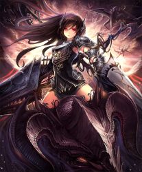 Rule 34 | 10s, 1girl, armor, artist request, breastplate, brown hair, dragon, dragon horns, dragon riding, dual wielding, forte (shingeki no bahamut), holding, horns, lance, long hair, official art, polearm, red eyes, riding, serious, shadowverse, shingeki no bahamut, shoulder armor, weapon