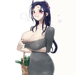 Rule 34 | blush, breasts, cleavage, cucumber, dongtan dress, dress, goddess of victory: nikke, grey dress, grin, headgear, highres, isabel (nikke), large breasts, long hair, looking at viewer, meme attire, oung69, purple eyes, purple hair, simple background, smile, white background