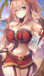 Rule 34 | 1girl, breasts, buckle, detached collar, hair between eyes, hand on own hip, heart, heart-shaped buckle, highres, large breasts, long hair, mizuha (pixiv56938668), one eye closed, pink hair, princess connect!, short shorts, shorts, smile, solo, split mouth, strap, suzuna (princess connect!), sweat, thighs, very long hair, wavy hair
