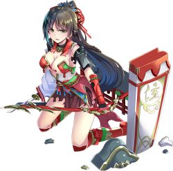 Rule 34 | 1girl, artist request, bare shoulders, black hair, bow (weapon), braid, breasts, cleavage, full body, green eyes, hair ribbon, holding, holding bow (weapon), holding weapon, kamakura (oshiro project), kneeling, large breasts, long hair, oshiro project:re, oshiro project:re, ponytail, red ribbon, red skirt, ribbon, side braid, single braid, skirt, solo, torn clothes, transparent background, very long hair, weapon