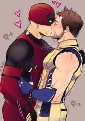 2boys absurdres animal_ears beard blush bodysuit brown_hair cat_ears closed_eyes commentary_request couple deadpool deadpool_&amp;_wolverine deadpool_(series) facial_hair gloves hand_on_another&#039;s_hip heart highres kiss male_focus marvel marvel_cinematic_universe mask mask_lift multiple_boys muscular red_bodysuit sherlock7akane short_hair superhero_costume sweatdrop trembling two-tone_bodysuit wolverine_(x-men) yaoi yellow_bodysuit