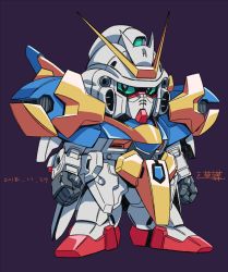 Rule 34 | chibi, dated, green eyes, gundam, looking to the side, mecha, michi kuso, mobile suit, no humans, purple background, robot, science fiction, solo, standing, v2 gundam, victory gundam
