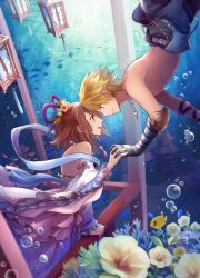 Rule 34 | 1boy, 1girl, bare back, bare shoulders, blonde hair, brown hair, dress, eye contact, face-to-face, final fantasy, final fantasy x, fish, flower, forehead-to-forehead, gauntlets, hair flower, hair ornament, heads together, holding hands, interlocked fingers, jewelry, looking at another, necklace, sasanomesi, short hair, smile, tidus, topless, underwater, yuna