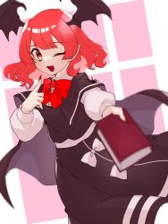 Rule 34 | 1girl, black skirt, black vest, black wings, blush, book, bow, collared shirt, fingernails, head wings, highres, holding, holding book, index finger raised, koakuma, komori (komo ricecake), long fingernails, long sleeves, nail polish, one-hour drawing challenge, one eye closed, open mouth, pointy ears, red bow, red eyes, red nails, sharp fingernails, shirt, short hair, signature, skirt, smile, solo, touhou, vest, white shirt, wings
