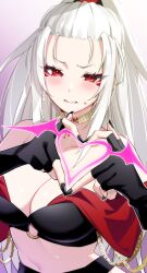 Rule 34 | 1girl, bare shoulders, black gloves, blush, breasts, crop top, embarrassed, facial mark, fingerless gloves, gloves, heart, heart hands, highres, jewelry, large breasts, long hair, looking at viewer, navel, necklace, original, ponytail, red eyes, simple background, solo, tochi keisuke, upper body