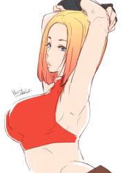 Rule 34 | 1girl, armpits, blonde hair, blue eyes, blue mary, breasts, butcha-u, fatal fury, fingerless gloves, gloves, highres, large breasts, looking at viewer, midriff, puckered lips, short hair, simple background, snk, solo, the king of fighters, white background