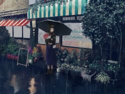 Rule 34 | 1girl, awning, bag, black hair, boots, bouquet, cat, chalkboard sign, day, flower, flower shop, german text, handbag, hime cut, holding, holding bouquet, ivy, leaf, long skirt, looking at viewer, naganami towa, original, outdoors, plant, potted plant, rain, shop, skirt, solo, storefront, symbol-only commentary, tree, umbrella, wind chime