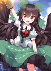 Rule 34 | 1girl, arm cannon, bird wings, black hair, black wings, blush, bow, collared shirt, feathered wings, feet out of frame, frilled skirt, frills, green bow, green skirt, hair between eyes, hair bow, highres, long hair, looking at viewer, open mouth, puffy short sleeves, puffy sleeves, red eyes, reiuji utsuho, ruu (tksymkw), shirt, short sleeves, skirt, smile, solo, third eye, touhou, weapon, white shirt, wings