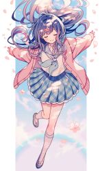 Rule 34 | 1girl, amagi hana, arms up, bangs pinned back, blue neckerchief, blue skirt, blue sky, blush, brown hair, cardigan, cherry blossoms, closed eyes, closed mouth, cloud, facing viewer, falling petals, floating, floating hair, flower, foot up, gradient hair, grey sailor collar, hair flower, hair ornament, hairpin, highres, kneehighs, knees together feet apart, long hair, long sleeves, miniskirt, multicolored hair, neckerchief, open cardigan, open clothes, original, outdoors, outstretched arms, petals, pillarboxed, pink cardigan, pink flower, pink hair, plaid, plaid skirt, pleated skirt, rainbow, sailor collar, school uniform, serafuku, shirt, shoes, skirt, sky, sleeves past wrists, smile, socks, solo, white shirt, white socks