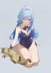Rule 34 | 1girl, absurdres, animal, bare legs, bare shoulders, barefoot, blue hair, blue leotard, bow, breasts, cat, closed mouth, collar, commentary request, covered navel, detached collar, eyes visible through hair, from above, grey background, hair bun, hair intakes, hair over one eye, highres, leotard, long hair, looking at viewer, medium breasts, mr.yu, original, purple bow, red eyes, seiza, shadow, simple background, sitting, solo, strapless, strapless leotard, very long hair, white collar, wing collar, wrist cuffs