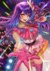 Rule 34 | 1girl, dress, frilled dress, frills, gloves, hair ornament, heart, highres, holding, holding microphone, hoshino ai (oshi no ko), idol, idol clothes, long hair, looking at viewer, magion02, microphone, one eye closed, open mouth, oshi no ko, pink dress, pink gloves, pinky out, purple eyes, purple hair, rabbit hair ornament, ribbon, smile, solo, star-shaped pupils, star (symbol), symbol-shaped pupils