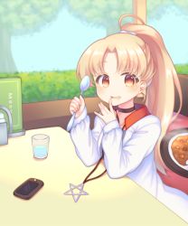 Rule 34 | 1girl, :d, azur lane, black choker, blonde hair, blush, booth seating, cellphone, choker, cleveland (azur lane), cup, curry, curry rice, day, drinking glass, drooling, food, hedge, high ponytail, holding, holding spoon, indoors, jacket, jewelry, long hair, long sleeves, open clothes, open jacket, open mouth, parted bangs, pendant, pentagram, phone, ponytail, red eyes, rice, sakurato ototo shizuku, saliva, seat, sitting, sleeves past wrists, smile, solo, spoon, table, tree, very long hair, water, white jacket, window