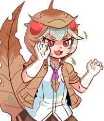 Rule 34 | 1girl, :3, baweng satanic leaf gecko (kemono friends), brown jacket, brown necktie, brown skirt, claw pose, collared shirt, cowboy shot, gloves, gradient necktie, grey hair, hood, hood up, jacket, kemono friends, leaf necklace, lizard tail, ma2uastro, necktie, open clothes, open jacket, open mouth, pleated skirt, purple necktie, red eyes, reptile girl, shirt, short hair, short sleeves, skirt, smile, solo, sparkling eyes, tail, two-tone necktie, white gloves, white shirt