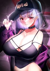 Rule 34 | 1girl, alternate costume, bare shoulders, baseball cap, blush, breasts, camisole, casual, choker, cleavage, fate/grand order, fate (series), hat, huge breasts, jacket, kama (fate), lee-taro, open clothes, open jacket, purple jacket, red eyes, silver hair, solo