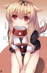 Rule 34 | 1girl, absurdres, black ribbon, black serafuku, black skirt, blonde hair, blush, bowl, breasts, commentary request, dog tail, fang, hair between eyes, hair flaps, hair ornament, hair ribbon, hairclip, hibiki (zerocodo), highres, kantai collection, long hair, looking at viewer, medium breasts, mouth hold, neckerchief, pet bowl, pleated skirt, red eyes, red neckerchief, ribbon, school uniform, serafuku, short sleeves, skirt, solo, tail, tail wagging, translated, yuudachi (kancolle), yuudachi kai ni (kancolle)