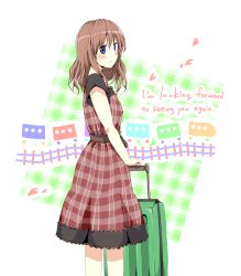 Rule 34 | 1girl, any (lucky denver mint), bad id, bad pixiv id, blue eyes, brown hair, dress, english text, luggage, original, solo, source request, train